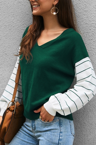 Girls' Casual Cozy Blouson Sleeve V-Neck Stripe Print Patched Boxy Sweater