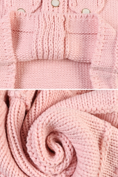 Girls' Cute Pink Long Sleeve Lapel Neck Button Down Pockets Side Chunky Knit Relaxed Cardigan