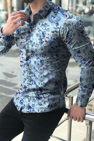 Hawaii Style Floral Printed Long Sleeve Turn-Down Collar Single Breasted Shirt for Men