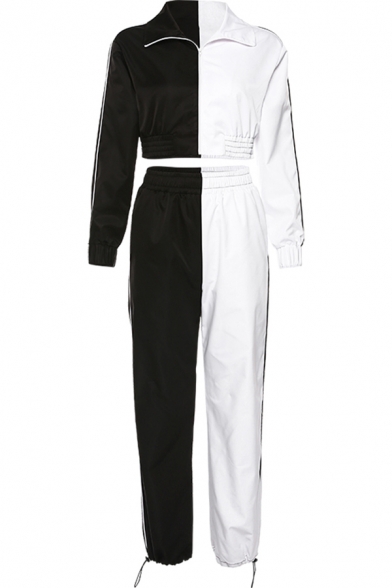 Hip Hop Cool Black and White Long Sleeve Cropped Coat with Colorblocked Pants Co-ords