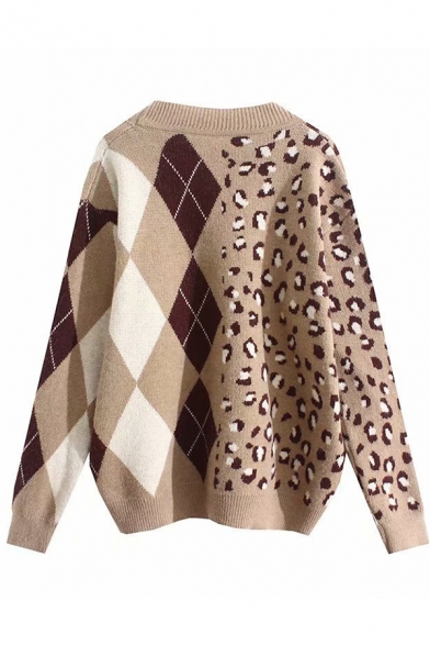 Khaki Designer Leopard Panel Long Sleeve V-Neck Oversized Argyle Cardigan Coat