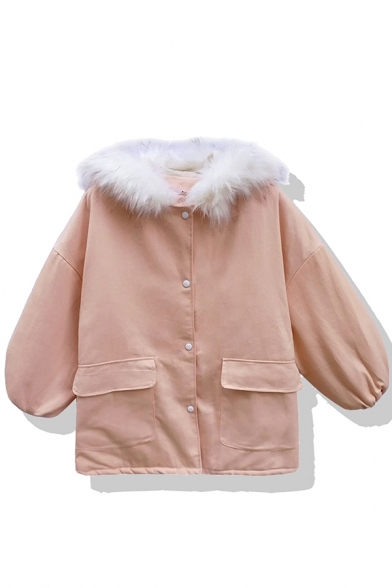Korean Style Cute Blouson Sleeve Hooded Button Down Flap Pockets Fluff Patched Plain Thick Oversize Parka Coat for Girls