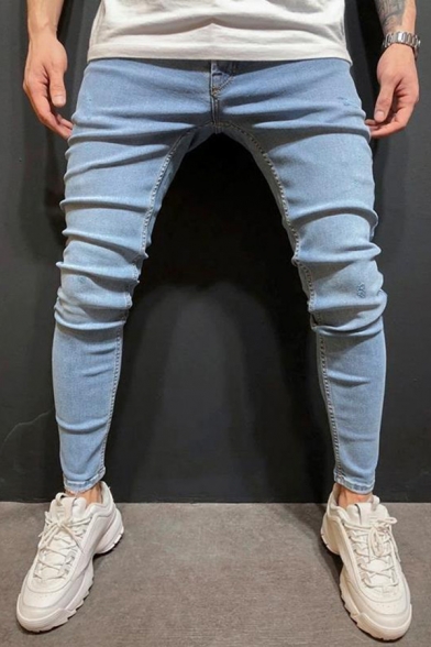 Korean Style Mens Popular Solid Light Blue Mid Waist Skinny Fit Leisure Jeans