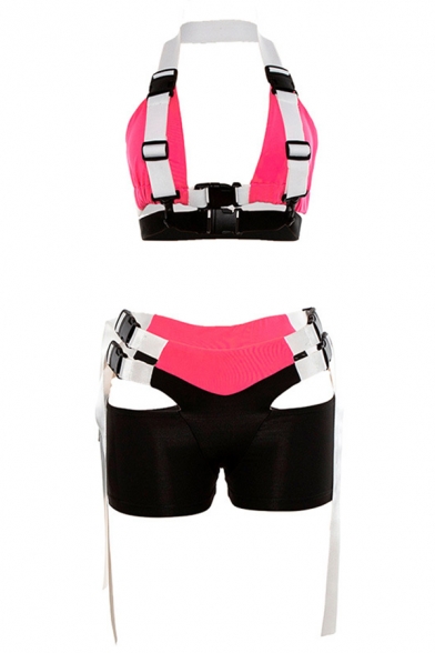 Ladies Designer Push Buckle Halter Bikini Top with Hollow Out Ribbon Embellished Shorts Co-ords