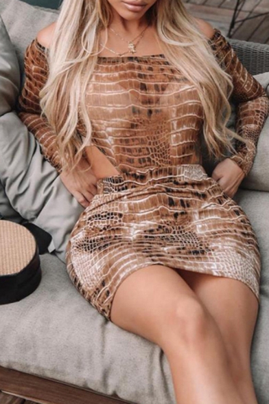 Ladies Sexy Brown Snakeskin Pattern Long Sleeve Off Shoulder Bodysuit with Mini Skirt Co-ords