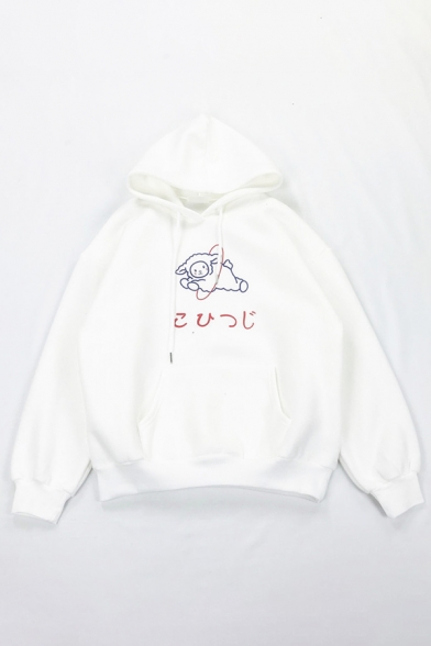 Lovely Cartoon Sheep Japanese Letter Printed Long Sleeve White Thick Baggy Hoodie