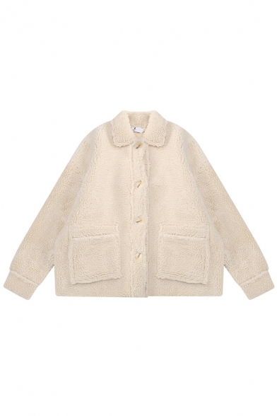 Lovely Girls' Long Sleeve Lapel Neck Button Down Patched Pockets Sherpa Baggy Jacket in Apricot