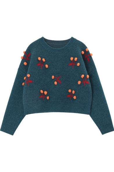 Lovely Pompom Embellished Cherry Pattern Round Neck Long Sleeve Cropped Sweater