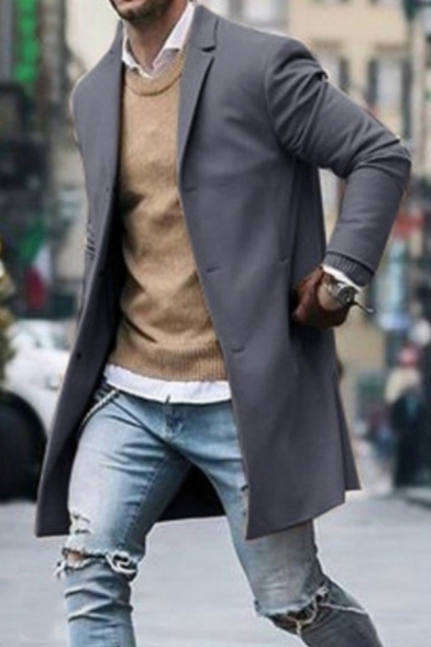 Men's Charming Plain Long Sleeve Notched Collar Single Breasted Longline Wool Coat