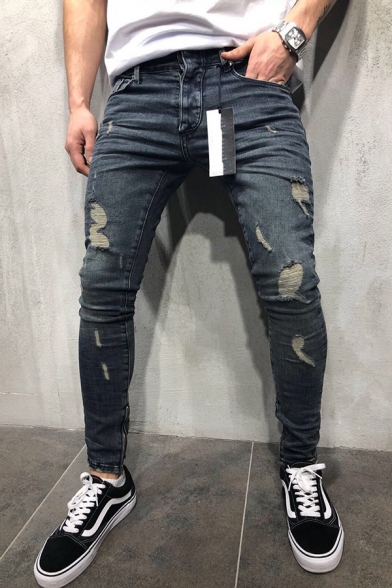Men's Popular Solid Color Gray Zipper Front Skinny Fit Ripped Shredded Jeans