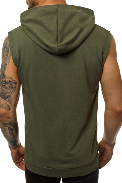 Mens Popular Solid Color Full Zip Sleeveless Hoodie with Pocket