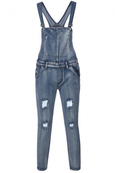 Mens Street Fashion Light Blue Ripped Detail Overall Jeans Basic Denim Jumpsuits
