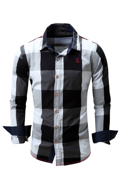 Mens Trendy Embroidery Pattern Plaid Print Long Sleeve Button Up Slim Fit Casual Shirt