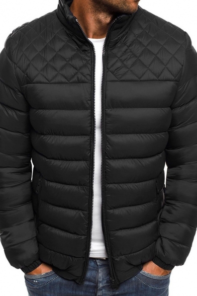 Mens Winter Popular Plain Stand Collar Long Sleeve Zip Up Quilted Down Coat