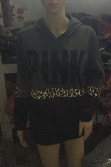 New Simple Letter PINK Printed Leopard Panel Long Sleeve Black and Gray Oversized Hoodie