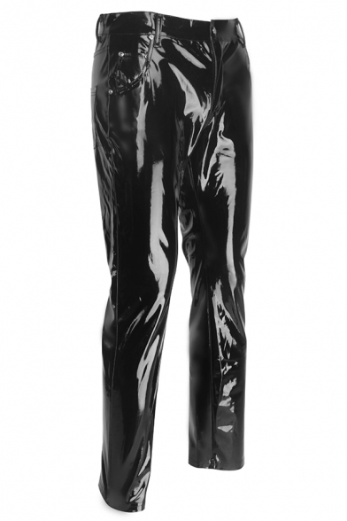 Nightclub Popular Relaxed Fit Black Patent Leather Pants for Men