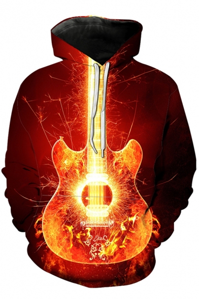 Orange Flame Guitar 3D Pattern Long Sleeves Casual Pullover Hoodie