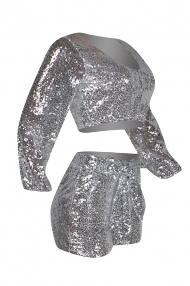 Plain Silver Glitter Long Sleeve V-Neck Cropped Top with Tie Front Shorts Nightclub Co-ords