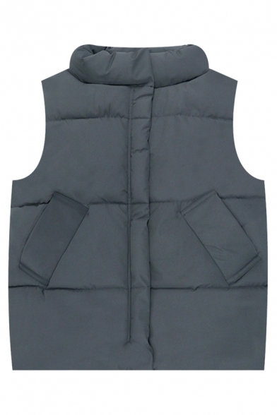 Plain Thickened Sleeveless Stand Collar Zipper Front Pockets Side Fitted Down Vest for Women