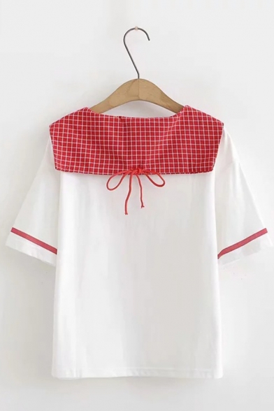 Preppy Fashion Plaid Sailor Collar Strawberry Cat Claw Pattern Short Sleeve White and Red T-Shirt