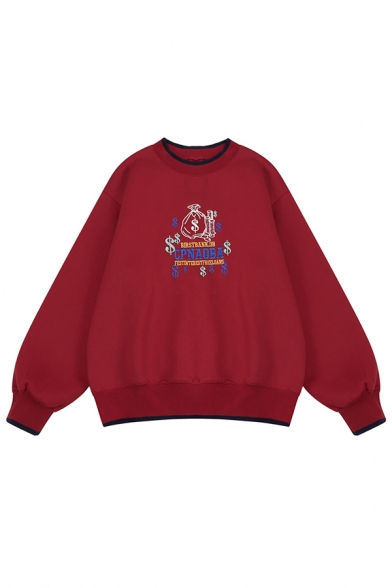 Red Embroidery Letter CPNAOBA Print Contrast Trim Long Sleeve Round Neck Loose Sweatshirt