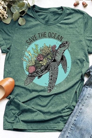 SAVE THE OCEAN Letter Sea Turtle Pattern Short Sleeves Round Neck Graphic T-Shirt