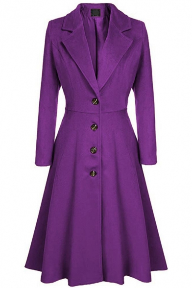 Simple Fashion Ladies' Long Sleeve Notch Lapel Collar Button Down Pleated Plain Long A-Line Wool Coat