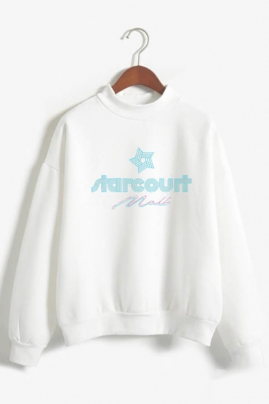 Simple Letter TARCOUIT Star Print Long Sleeve Mock Neck Street Wear Pullover Sweatshirt