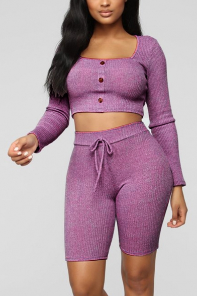 Simple Purple Square Neck Button Front Long Sleeve Ribbed Top with Drawstring Waist Shorts Co-ords