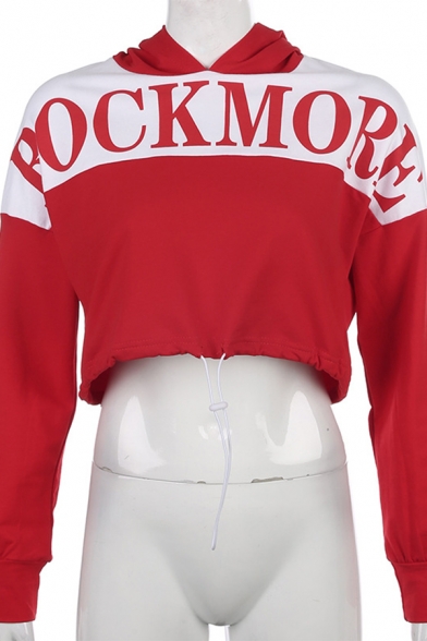 Street Cool Girls' Long Sleeve Letter ROCK MORE Contrasted Drawstring Loose Fit Hoodie in Red