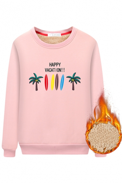 Student Girls' Classic Long Sleeve Crew Neck HAPPY VACATION Coconut Tree Pattern Sherpa Lined Relaxed Sweatshirt