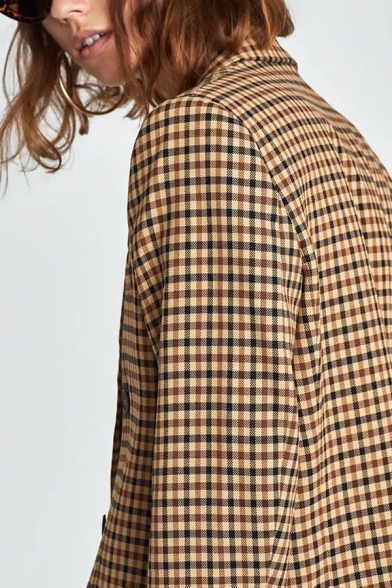 Stylish Ladies' Long Sleeve Notch Lapel Neck Double Breasted Plaid Printed Loose Blazer in Khaki