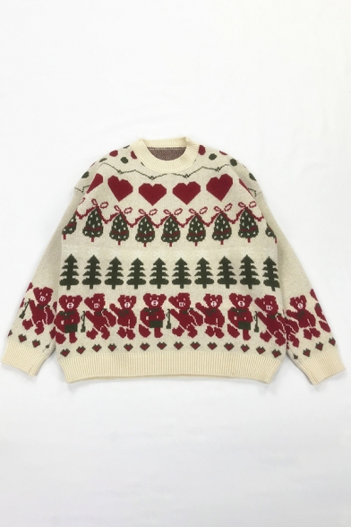 Sweet Style Christmas Tree Heart Bear Print Long Sleeve Round Neck Loose Pullover Sweater