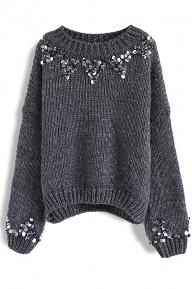 Trendy Girls' Blouson Sleeve Crew Neck Sequined Chunky Knit Plain Pullover Sweater Top
