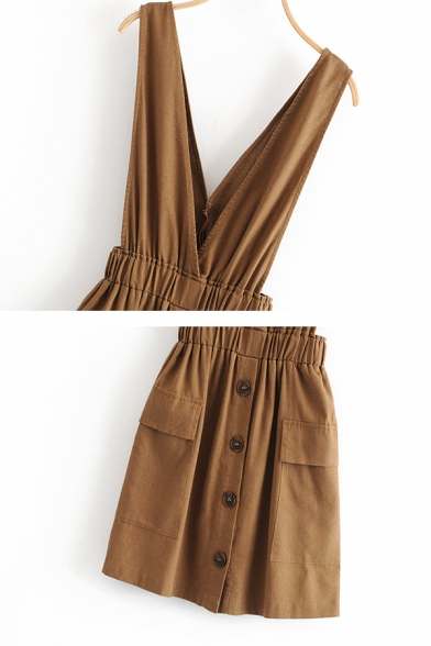 Trendy Ladies' Brown Sleeveless Button Down Flap Pocket Elastic Waist Mini A-Line Tank Dress