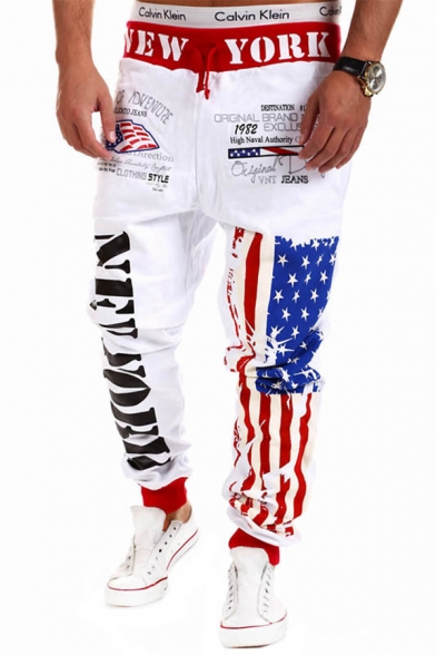 Unique American Flag Letter Printed Drawstring Waist Relaxed Sweatpants for Men
