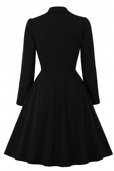 Vintage Ladies' Long Sleeve Lapel Neck Half Zip Double Breasted Midi Pleated Flared Dress in Black
