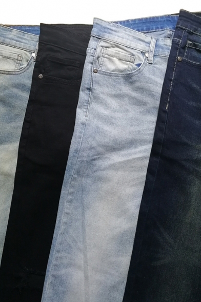 Vintage Style Mens Popular Solid Color Skinny Fit Jeans Stretchy Denim Pants with Pocket