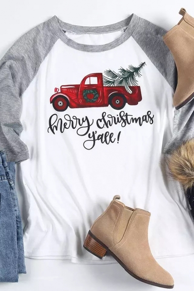 White Cozy Long Sleeve Round Neck MERRY CHRISTMAS Y'ALL Letter Truck Printed Loose Fit T-Shirt for Girls