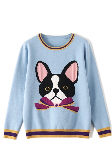 Womens Cute Dog Print Contrast Trim Long Sleeve Round Neck Blue Loose Sweater