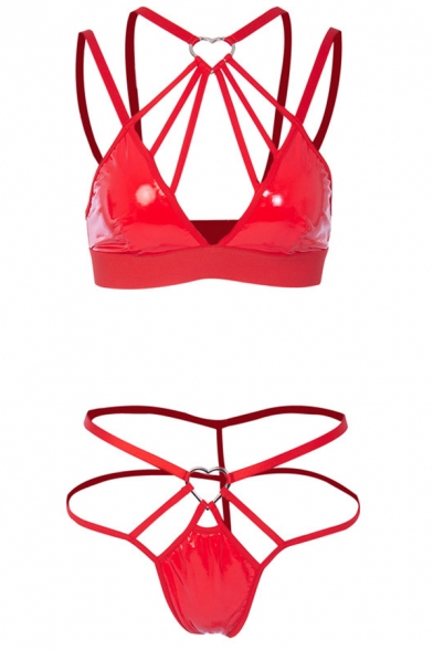 Womens Seductive Plain Red PU Strappy Hollow Out Triangle Bra with Panties Sexy Two Piece Set