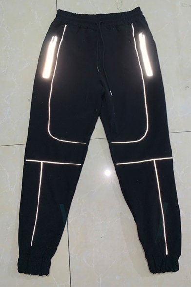 Active Reflective Tape Patchwork Drawstring Waist Loose Fit Quick-Dry Sweatpants