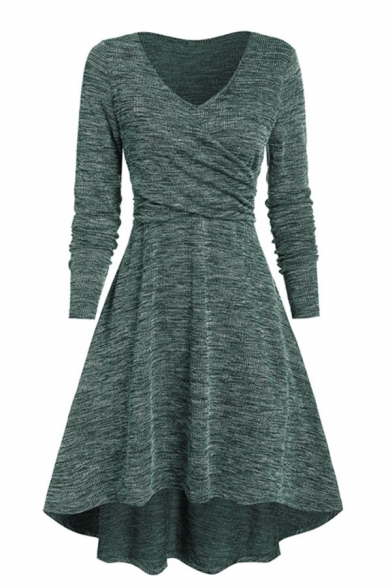 Basic Plain Long Sleeve V-Neck Midi Flared Wrap Pleated A-Line Dress for Women