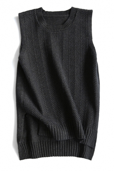 Basic Plain Sleeveless Crew Neck Relaxed Fit Purl-Knit Sweater Vest for Ladies