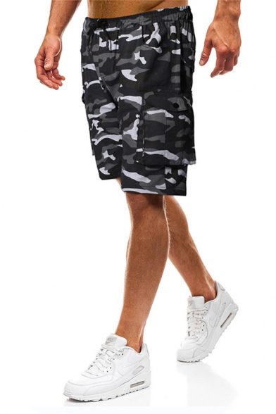 Black Camouflage Pattern Side Flap Pocket Drawstring Waist Straight Fit Cargo Shorts