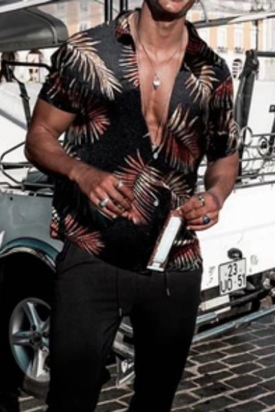 Black Exclusive Leaf Pattern Short Sleeve Button Up Hawaiian Shirt