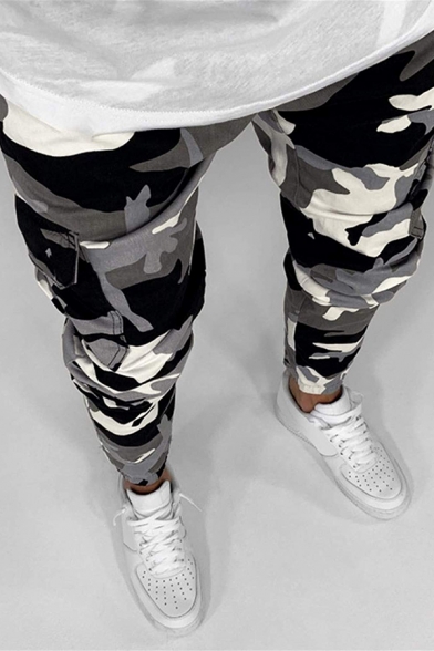 Black Fashion Camouflage Printed Zipper Fly Skinny Jeans Cargo Pants for Men
