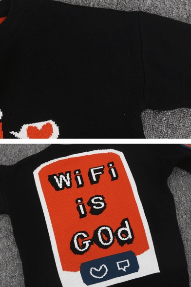 Black Letter WIFI IS GOD Thumb Up Pattern Long Sleeve Round Neck Thick Oversized Sweater
