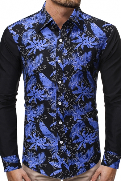 Blue and Black Floral and Leaf Printed Long Sleeve Lapel Slim Fit Color Block Shirt