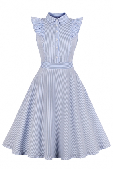 Blue Cute Sleeveless Lapel Neck Button Front Stripe Ruffled Trim Midi Pleated Flared Shirt Dress for Girls